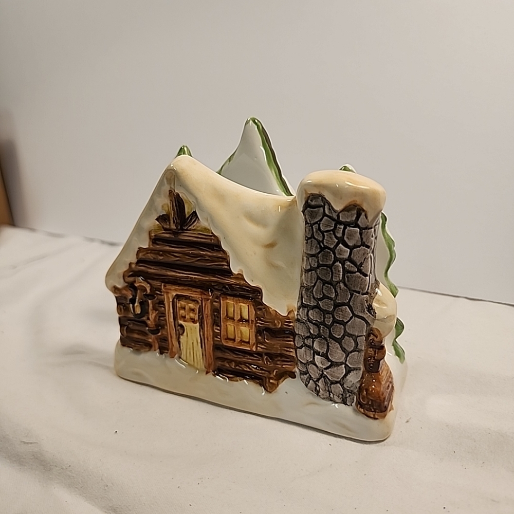 Vtg GKAO Ceramic Napkin Holder Cabin In The Woods WinterTrees Country Cottage - Picture 7 of 11